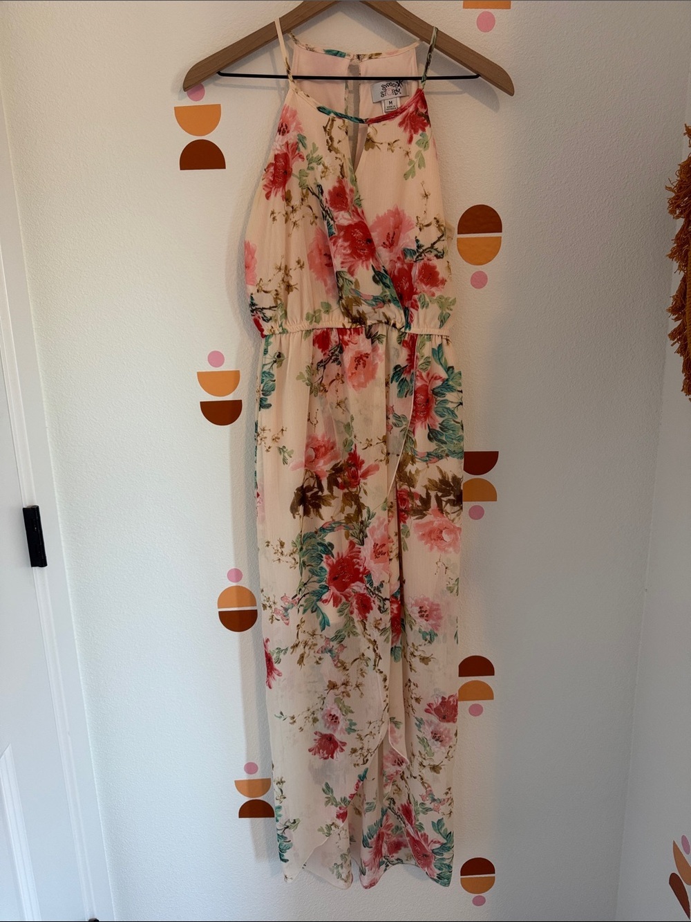 Sweet Storm Floral Halter Maxi Dress in Blush, Coral and Green N0055
